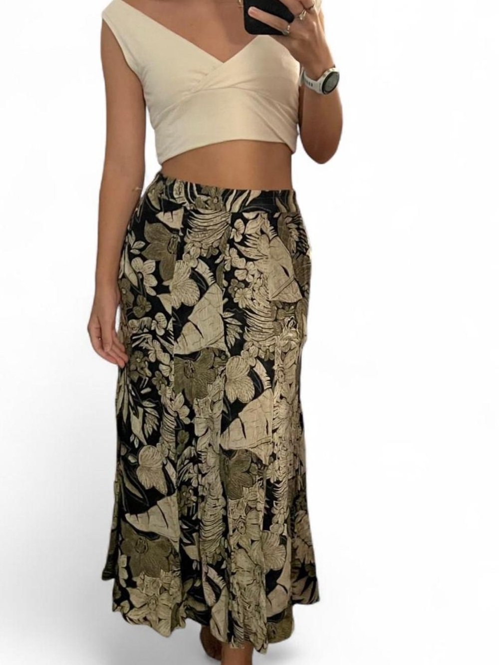 Rafaella Black Maxi Skirt with Beige & Olive Floral Print
